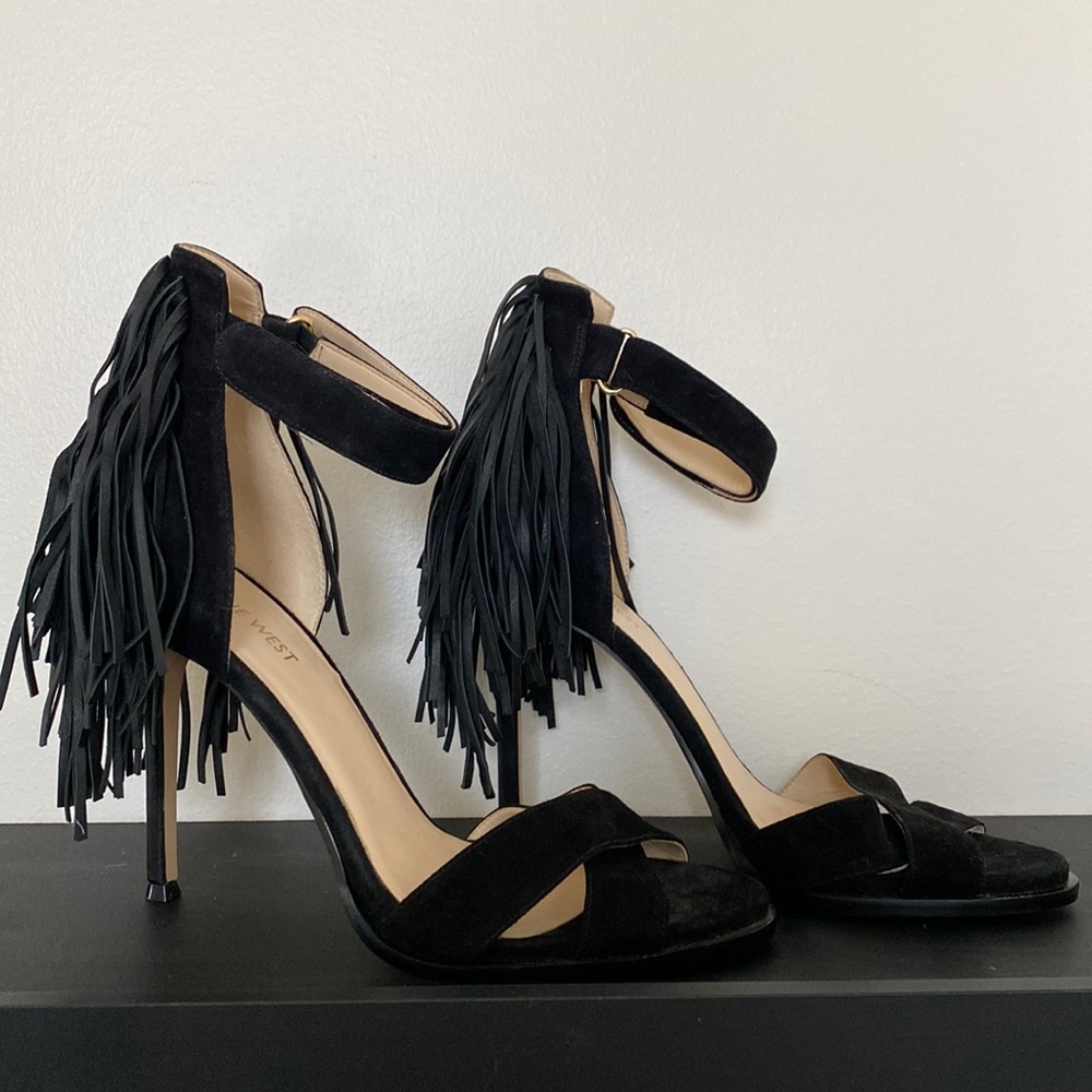 Nine West Black Suede Fringe Heels